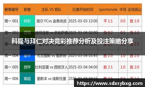科隆与拜仁对决竞彩推荐分析及投注策略分享